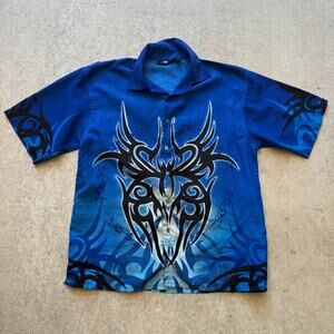 Men's Vintage Y2k City Impact Blue Black Flames Button Up Short Sleeve Shirt M